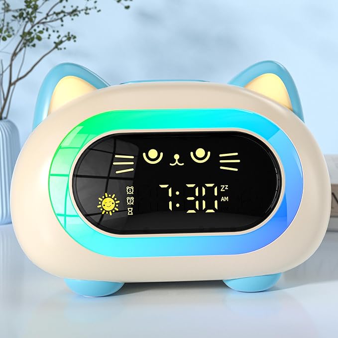 ANALOI Alarm Clock for Kids, Kids Alarm Clocks for Girls with Sleep Training Dual Alarm Eye Protection Auto Off Timer 10 Color Night Light, Cat Ok to Wake Clock, Gifts for Kids Girls