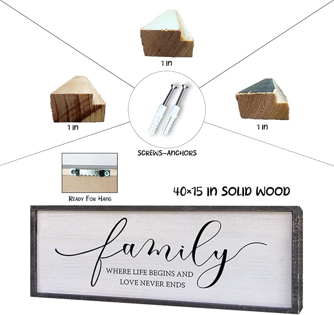 Surfapans Family Where Life Begins Love Never Ends Wall Decor 40"x15" Living Room Hallway Entryway Vintage Large Farmhouse Inspirational Quotes Motto Sign Wood Framed Hanging Home Wall Art (Black)