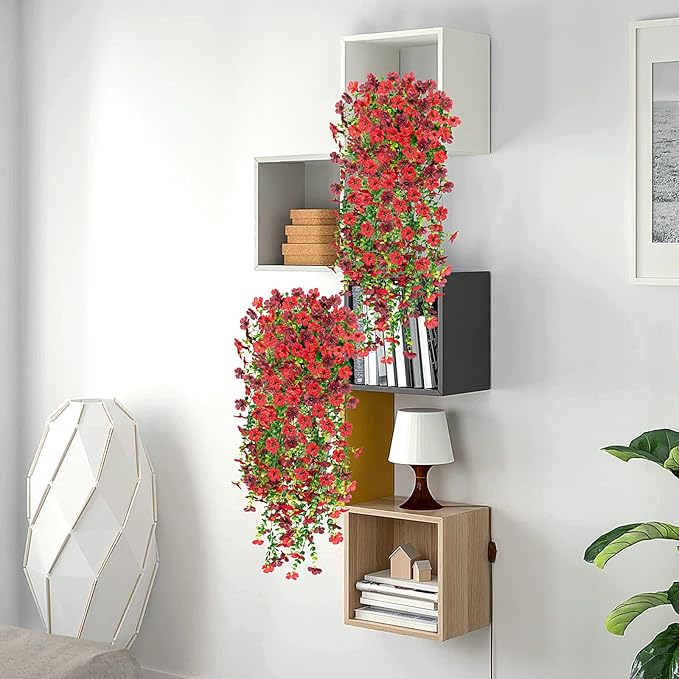Hrobek Artificial Fake Hanging Plants Flowers for Spring Outdoor Outside Decor, Faux Mums Silk Realistic Flower, 2 Pcs UV Resistant Look Real Plastic Decorations for Porch Home Patio Balcony Yard