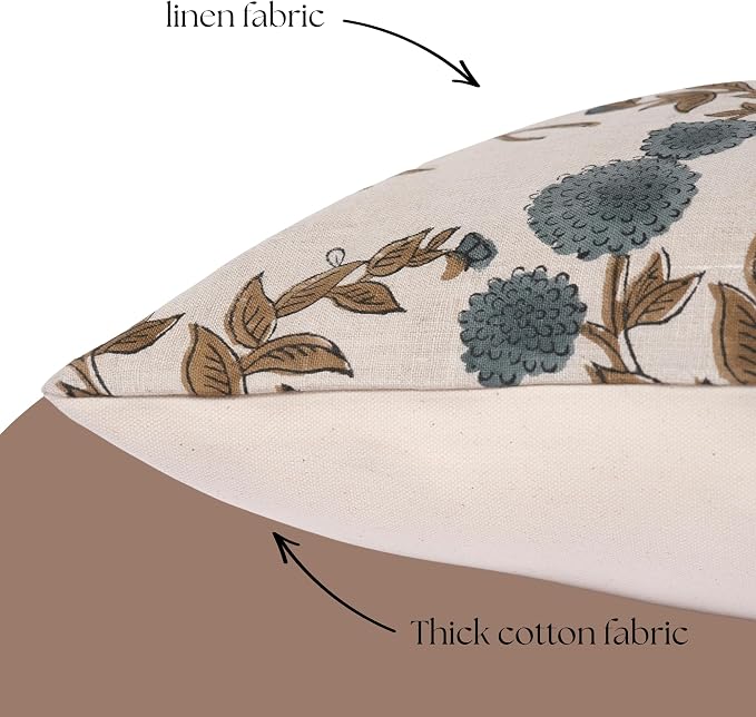 Linen Blue Throw Pillow Covers 20x20 inch Floral Pillows Spring Decorative Pillow Covers for Living Room Bedroom