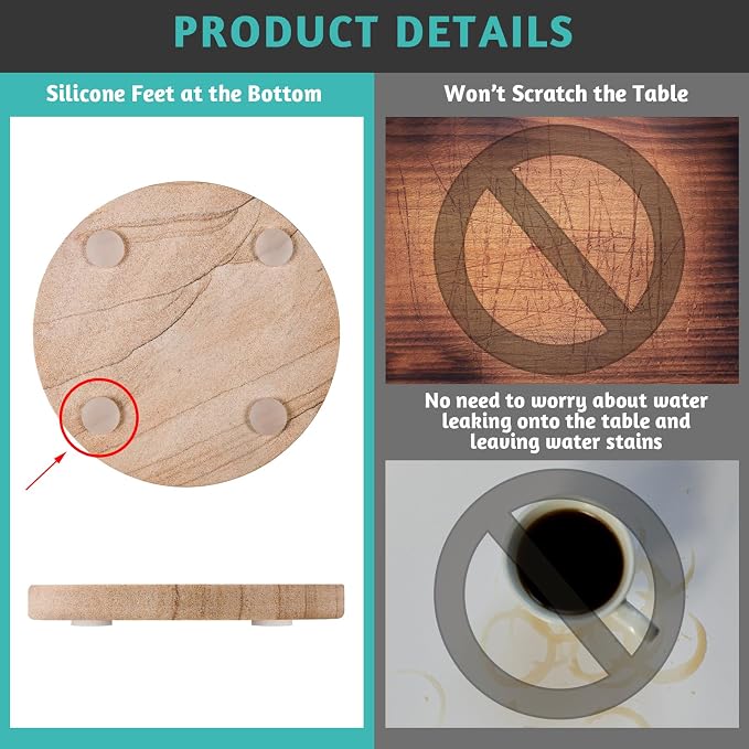 Natural Sandstone Coasters Set of 6 with Holder, 4 in Dia, Round, Heat Resistant & Absorbent, for Home & Office