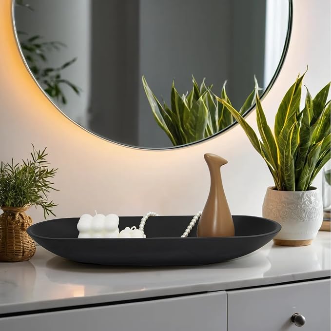 Long Decorative Bowl for Centerpiece, Dough Bowl for home decor 16" Black | Minimalist Design Dough Bowl Decor for Coffee Table and Dining Table Centerpiece. Clutter Organizer with Anti-Slip Base
