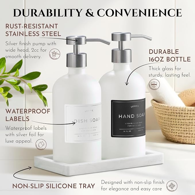 Glass Soap Dispenser Set of 2 (White) with Silicone Tray | Hand and Dish Soap Dispenser for Kitchen and Bathroom | 16.8 Oz Glass Bottles with Stainless Steel Pump & 15 Waterproof Labels (White/Silver)
