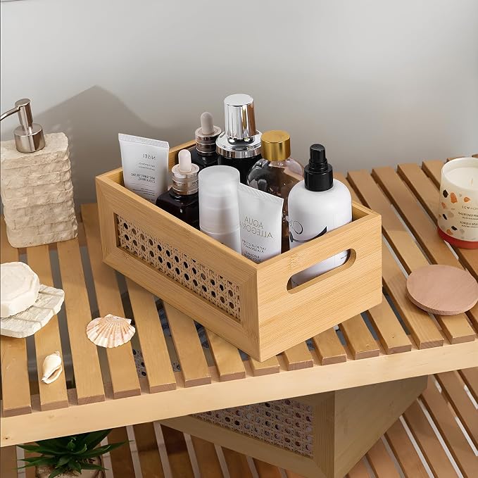 Wooden Storage Basket Set of 2 Handmade Rattan Drawer Storage Box with Frame & Handles Decorative Natural Bamboo Woven Bins Rustic Farmhouse Decor Home Office Tabletop Shelf Organizer, NAtural