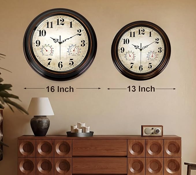 Vintage Wall Clock 13 Inch Quartz Silent Non-Ticking Analog Clock with Thermometer and Hygrometer, Battery Operated Rustic Round Decorative Clock for Living Room Home Office Classroom