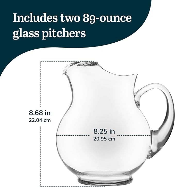 Libbey Acapulco Large Glass Pitcher Set of 2, 89 Oz, Clear, Tall Bubble Glass Pitchers with Handle, Durable Seam Design, Modern Pitcher Set for Iced Tea, Punch, and More