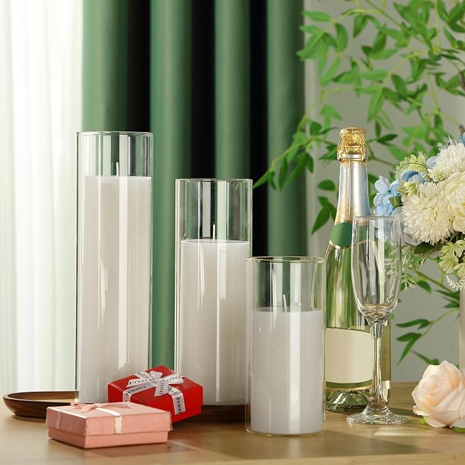 Shihanee Set of 3 Pillar Candles and 3 Glass Cylinder Candle Vases Holders Clear Pillar Jars for Wedding Centerpieces(3.4'' X 7, 9.8, 11.8,White)