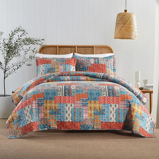 Cotton Bedspread Quilt Sets Reversible Coverlet Sets Comforters Vintage Bohemian Patchwork Bedspread,Orange,King Size