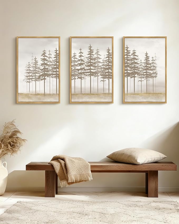 PHOPAGO Watercolor Foggy Pine Tree Framed Wall Art Large 16x24in Nature Abstract Misty Forests Wall Decor Farmhouse Rustic Paints for Bedroom Home Office - Natural Framed