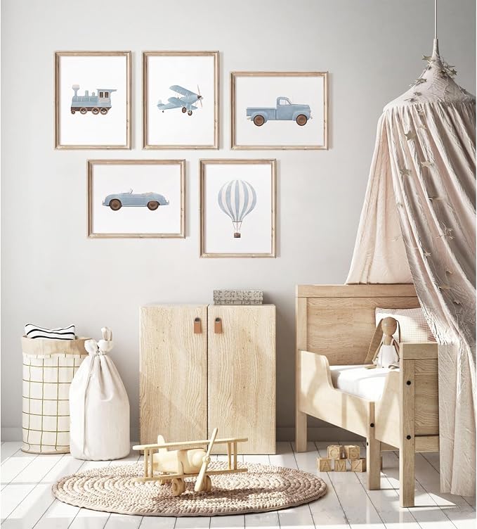 Blue Car Wall Art Decor Boys Room Canvas Poster Vintage Train Transportation Wall Art Watercolor Toddler Art Prints Blue Car Pictures Painting for Boy Bedroom Kids Nursery 8x10 Inch Unframed Set of 5