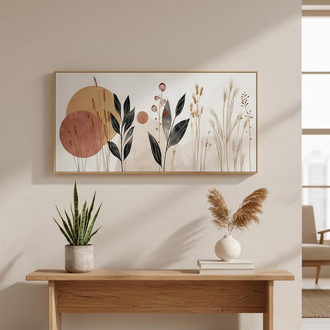 Sorbrozo Abstract Botanical Wall Art 24x48 Inch Framed Canvas Print with Geometric Circles and Leaves Modern Minimalist Decor for Living Room & Bedroom