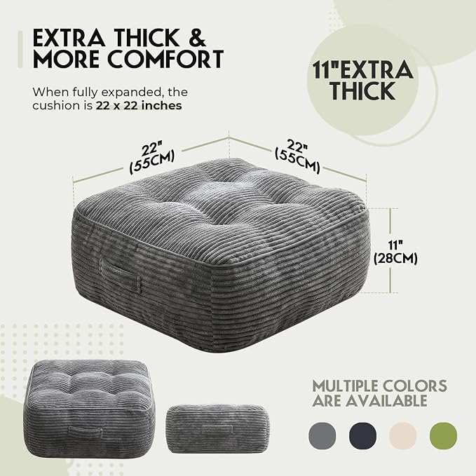 11" Thick Washable Floor Pillow for Adults, Yoga & Meditation Cushion with Handle, Square Large Pillows Seating with Removable Tufted Corduroy Cover for Tatami Living Room Board Games, Light Gray New