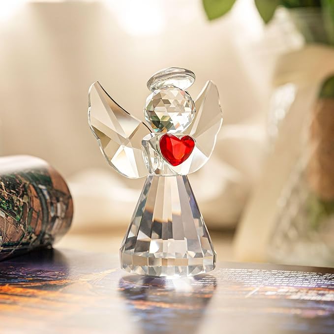 Glass Angel Figurines Crystal Angels Statue 3in Art Glass Guardian Angel Heart Paperweight Ornaments Valentines Gifts for Women