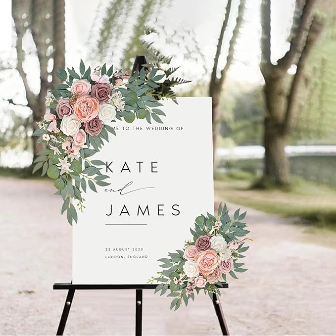 Pink Wedding Arch Flowers Set of 2, Artificial Wedding Arch Floral Swag Arrangement for Reception Photo Backdrop Decoration, Bridal Shower, Baby Shower