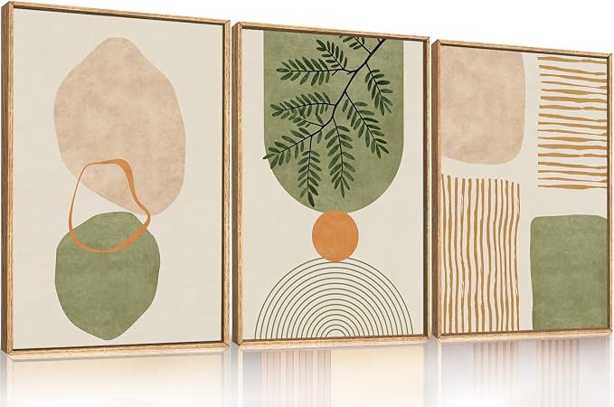 Large Boho Sage Green Framed Canvas Wall Art Set,Abstract Minimalist Geometric Line Wall Decor,Modern Mid Century Beige Leaf Artwork for Living Room,Bedroom,Dining Room,Office-24 x36 x3