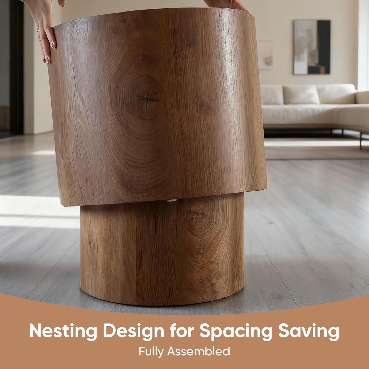 Nesting Round Coffee Table Set of 2, Small Circle Accent End Table for Small Spaces, Morden Drum Side Table, Wooden Center Table for Living Room, Fully Assembled - Light Walnut