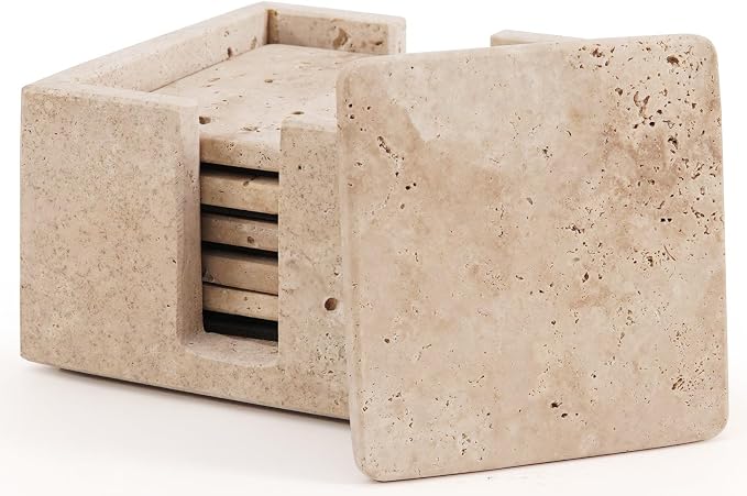 Marble Coasters Set of 6 Square 3.5 Inch Travertine Coaster for Drinks with Holder, Ideal Stone Drink Coasters for Gifts, Dining Table & Home Décor (Travertine Coasters with Holder)