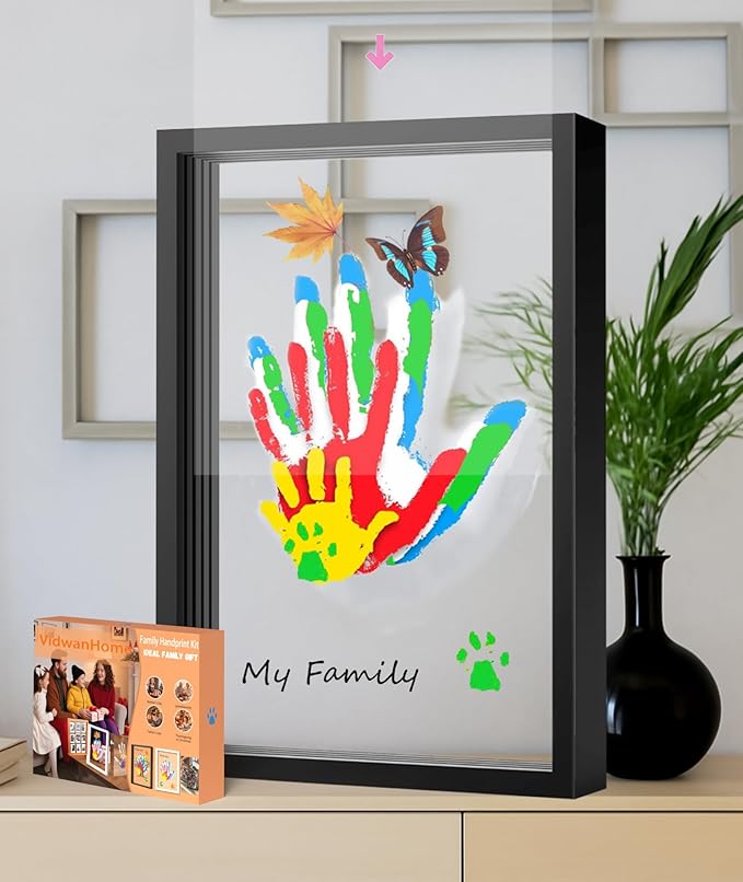 VidwanHome Family Handprint Kit for 4 – Wooden Frame with 4 Clear Acrylic Boards, DIY Handprint Keepsake for Baby, Pet, Mom, Grandparents, Hand Mold Art Set with Non-Toxic Washable Paint (Black)