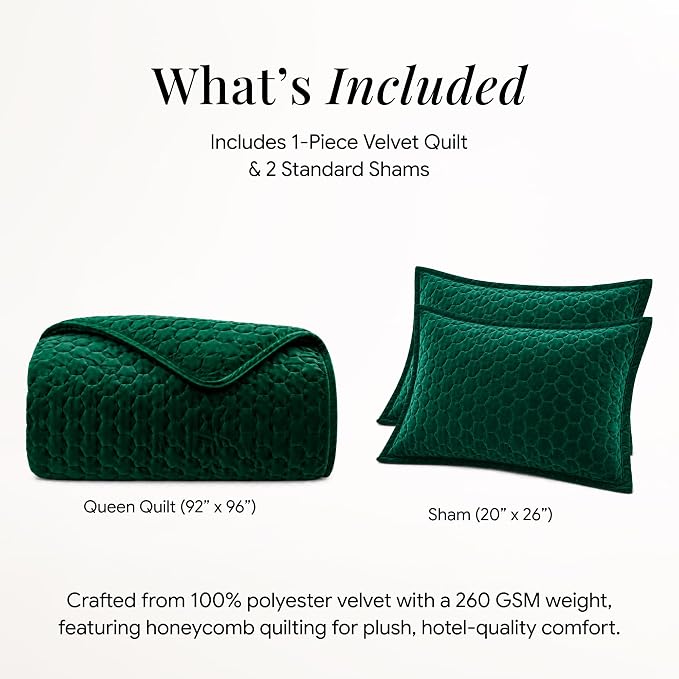 Tribeca Living Lugano Oversized Velvet Quilt Set - All Season, Extra Large, 3 Piece Queen Size Comforter Set with 2 Pillow Shams in Emerald Green Honeycomb Pattern 260GSM