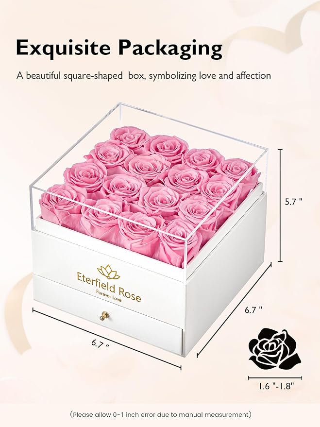 Eterfield Forever Flowers Preserved Roses Real Roses That Last Over a Year Rose Box Gifts for Her Mothers Day Valentines Day Christmas (Square White Box with Drawer, 16 Pink Roses)