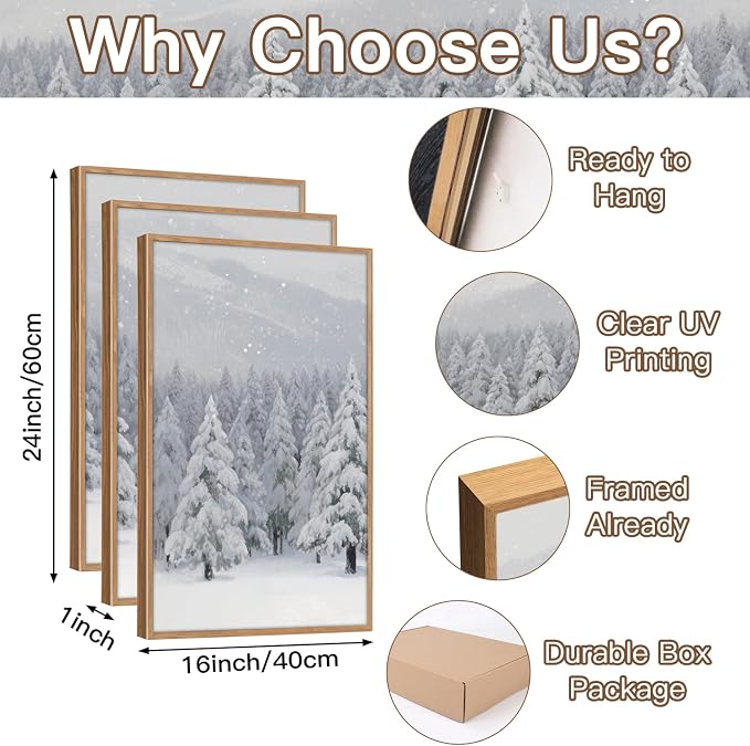 CHDITB Snowy Christmas Pine Trees Framed Canvas Wall Art(16"x24"), 3 Panels Winter Forest Landscape Artwork Prints, Large Neutral Abstract Nature Evergreen Snow Scene Xmas Gift Decor for Home Office Bedroom