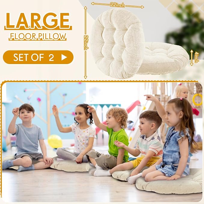 Jerify 2 Pcs Floor Pillow Cushions Large Round Square Large Meditation Floor Pillow for Classroom Adult Meditation Picnic Party Seating Learning Daycare School (Round,Beige)