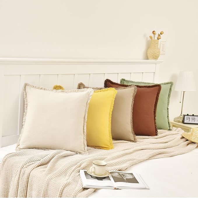 ZWJD Pillow Covers 20x20 Set of 2 Beige Throw Pillow Covers with Fringe Chic Cotton Decorative Pillows Square Cushion Covers for Sofa Couch Bed Living Room Farmhouse Boho Decor