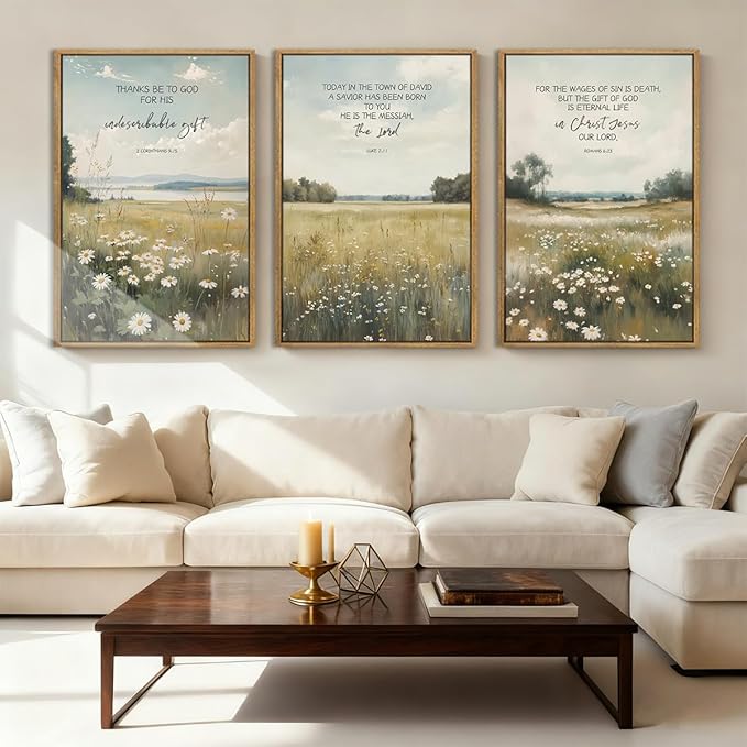 Anyzal Extra Large Framed Christian Wall Art 24x36 Inch Easter Bible Verse Canvas Artwork Scripture Wildflower Landscape Wall Decor for Living Room Bedroom Dining Room Set of 3