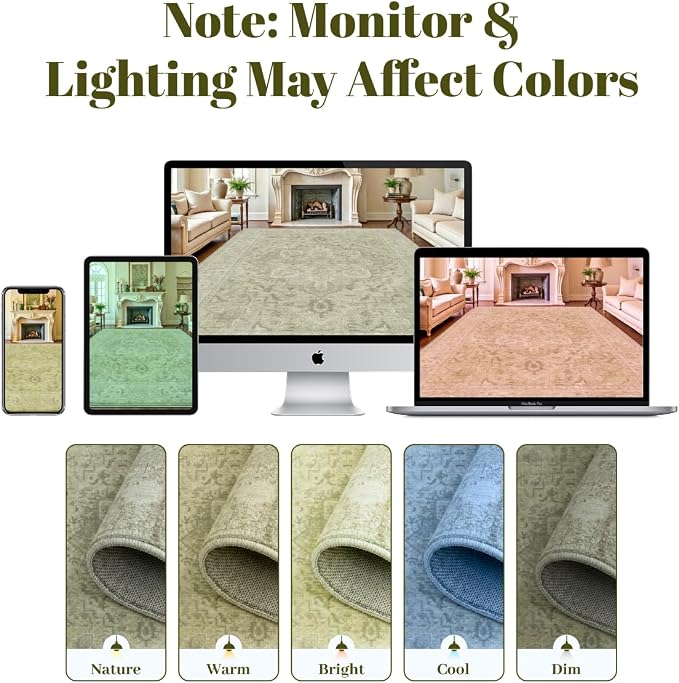 Homemate Washable Rug 5x7 Area Rugs - Vintage Faux Wool Rugs for Living Room Bedroom Dining Room - Non Slip Foldable Carpet Indoor Area Rug for Home Decor（5'x7', Green