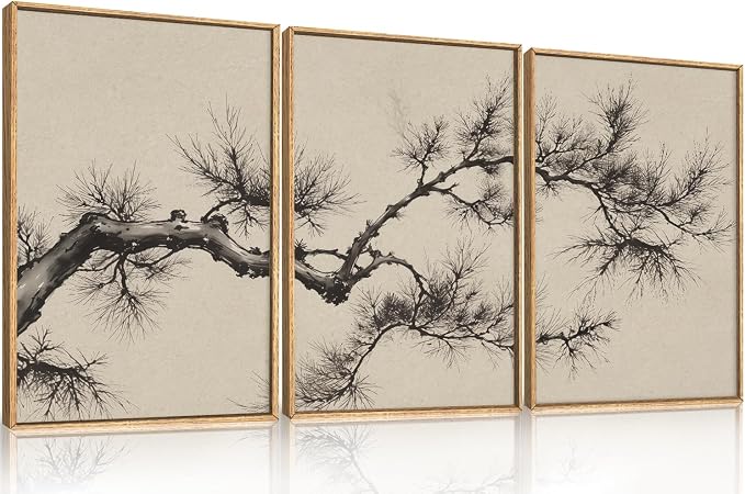 HPNIUB Vintage Beige Pine Tree Framed Canvas Wall Art Set 16''x24''x3 | Sketch Black Tree Branch Modern Minimalist Botanical Living Room Bedroom Office