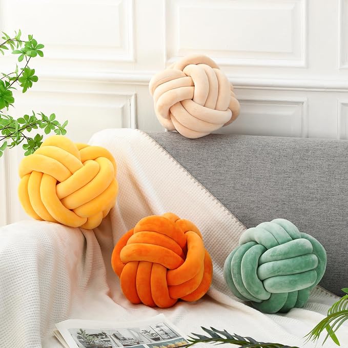 Yerliker 4 Pcs Knot Pillow Ball, 8.7 Inches Soft Home Decorative Round Throw Pillow Handmade Knotted Plush Accent Cushion Gifts for Nursery Decor Home Bed Sofa Bedroom Decoration