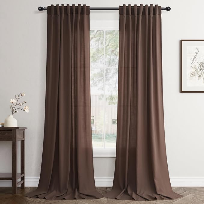 Jowels Coffee Linen Curtains 96 Inch Long 2 Panels for Living Room | Brown Light Filtering Semi Sheer Curtain,Back Tab Pocket Pleated Look,Farmhouse Textured Privacy Drapes for Bedroom Window