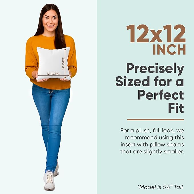 Pillowflex Synthetic Down Pillow Insert - 12x12 - Down Alternative Ultra Soft Large Square Throw Pillow, Machine Washable - Couch Euro Sham, Lumbar, Bed, Sofa - 1 Decorative Accent Form