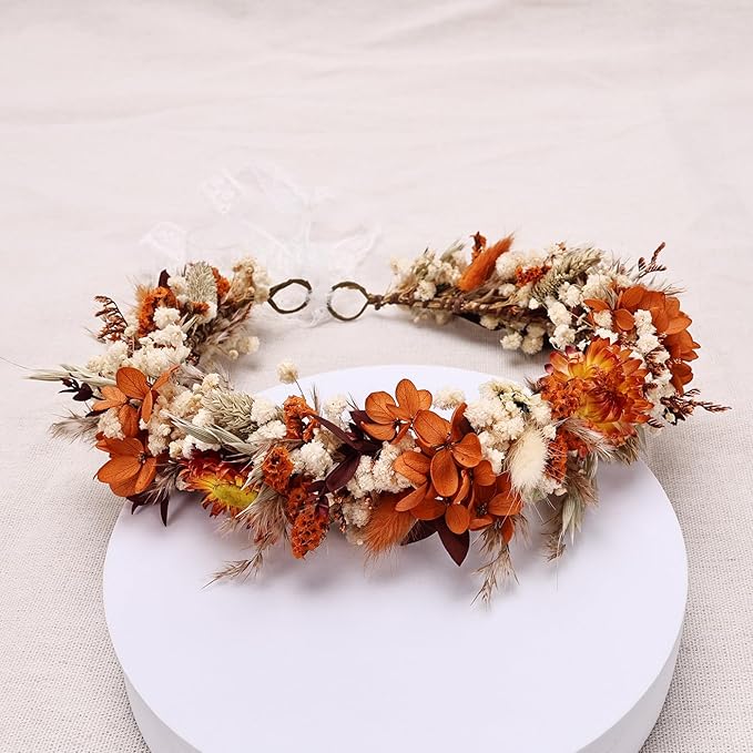 Preserved Dried Flower Crown,Burnt Orange Terracotta Cream, Rustic Wedding Wreath Headband for Brides Bridesmaids Maternity Family Photography