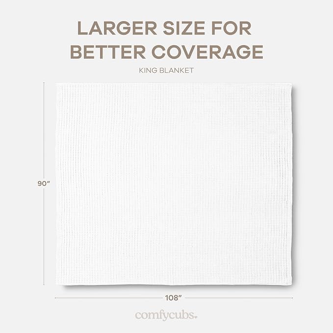 Comfy Cubs Waffle Blanket King, 108" x 90" - 100% Cotton Lightweight Breathable Bed Blanket - Soft Textured Thermal Weave for All Seasons – Decorative Cozy Layer for Couch, Sofa, or Bed - White