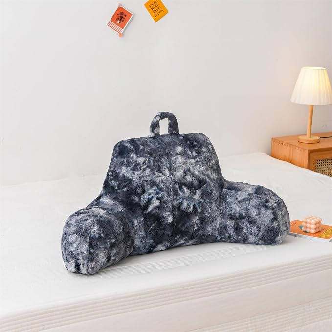A Nice Night Faux Fur Soft Reading Pillow Bed Wedge Adult Backrest with Arms Back Support for Sitting Up in Bed/Couch for Bedrest,Tie Dyed Gray,Large