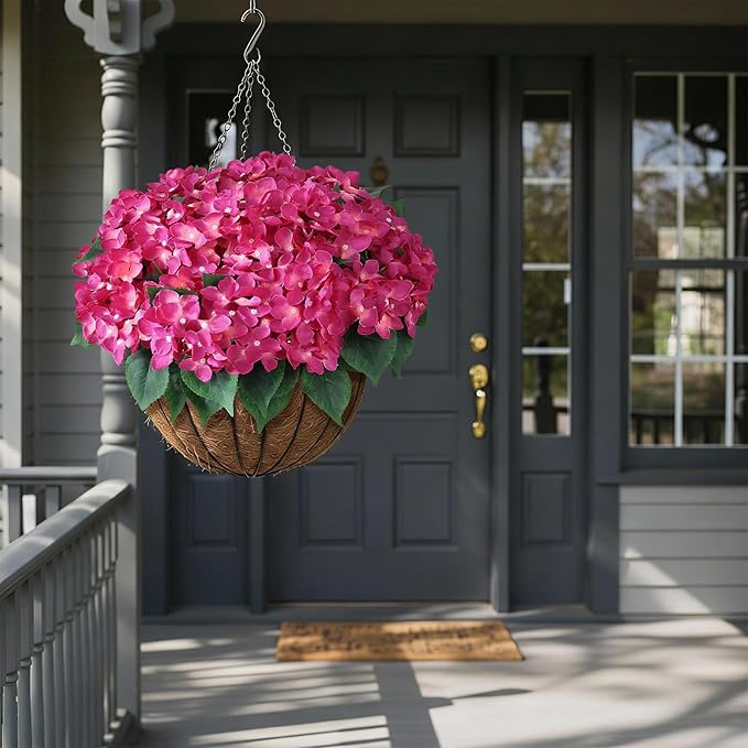 FOTEEWL 16 Bundles Artificial Hydrangea Flowers for Outdoor Decor, Realistic Faux Silk Bouquets Sun-Resistant Fake Plants for Front Door Balcony Farmhouse Garden Home Spring Summer Decor (Rose Red)