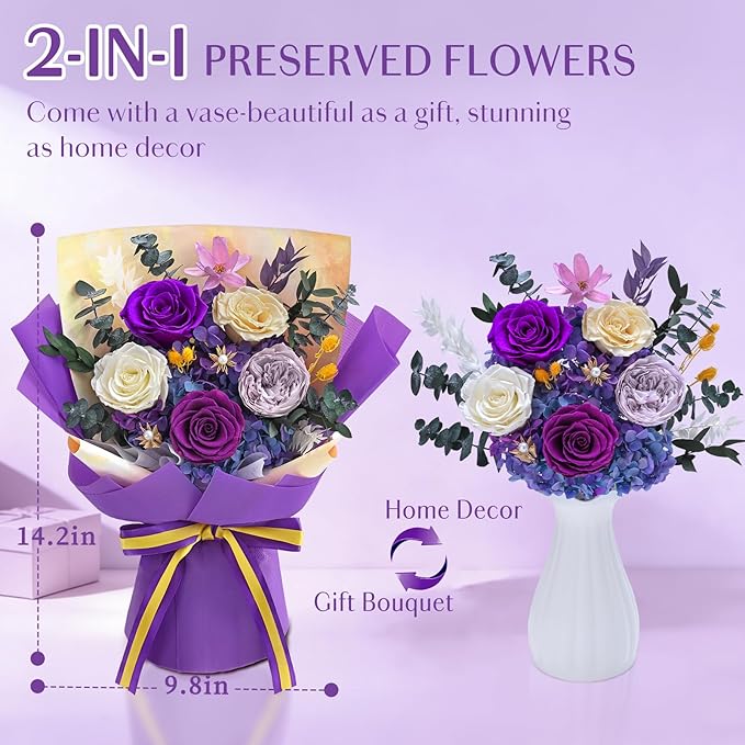 5 Pcs Glitter Purple Preserved Roses Flowers Bouquet, Forever Rose Flowers for Delivery, Birthday Gifts for Women, Long-Lasting Red Roses with Vase Gift Box, Forever Flowers for Wife Mothers Day