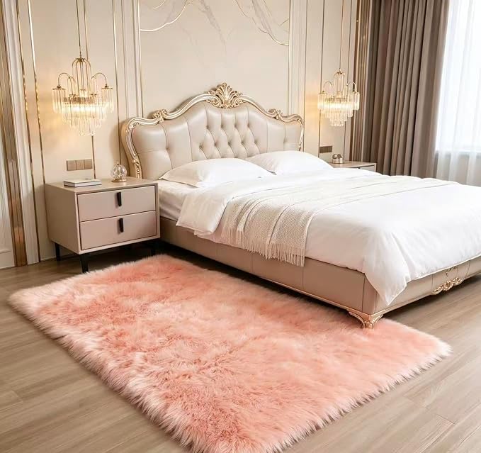 Faux Fur Rug Fluffy Sheepskin Area Rug,Ultra Soft Shaggy Plush Rug Bedroom Living Room Sofa Floor Kids Room Bedside（3 x 5 ft Rectangle Pink）