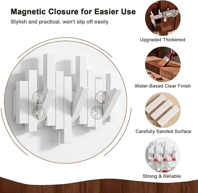 Modern Wooden Coat Rack, key holder wall mount– Handmade Solid Walnut Flip Hook Rack with Hidden Mount, Decorative Entryway Wall Hooks for Coats, Bags & Hats, Space-Saving Design (White, 3Hooks)