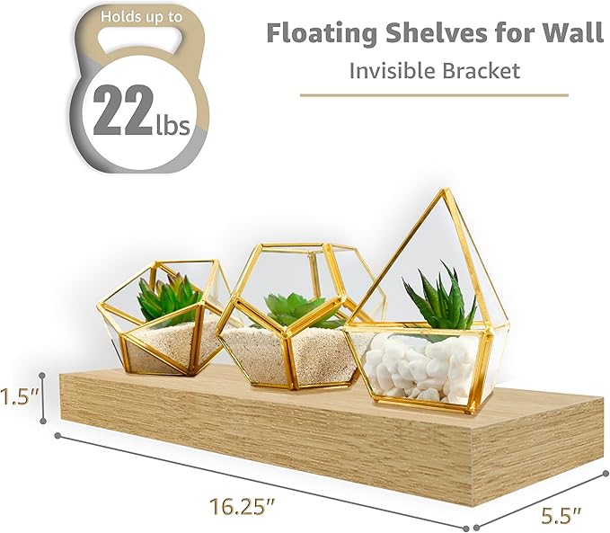 Sorbus Floating Shelves for Wall – 16 Inch Floating Shelf for Kitchen, Bedroom, Living Room, Bathroom, Home & Wall Decor - Mounted Bathroom Shelves with Invisible Brackets (Maple Wood, 5 Pack)