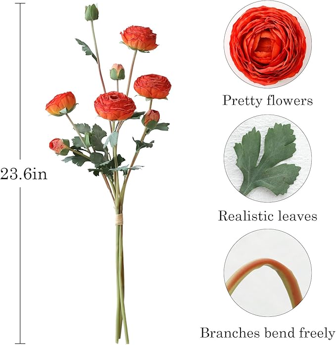 6Pcs Realistic Orange Silk Ranunculus Artificial Flowers Long Stems, 23.6" Tall Fake Flowers Faux Flowers Suit for Year-Round Home Decoration, Wedding, Bridal Bouquets, Office