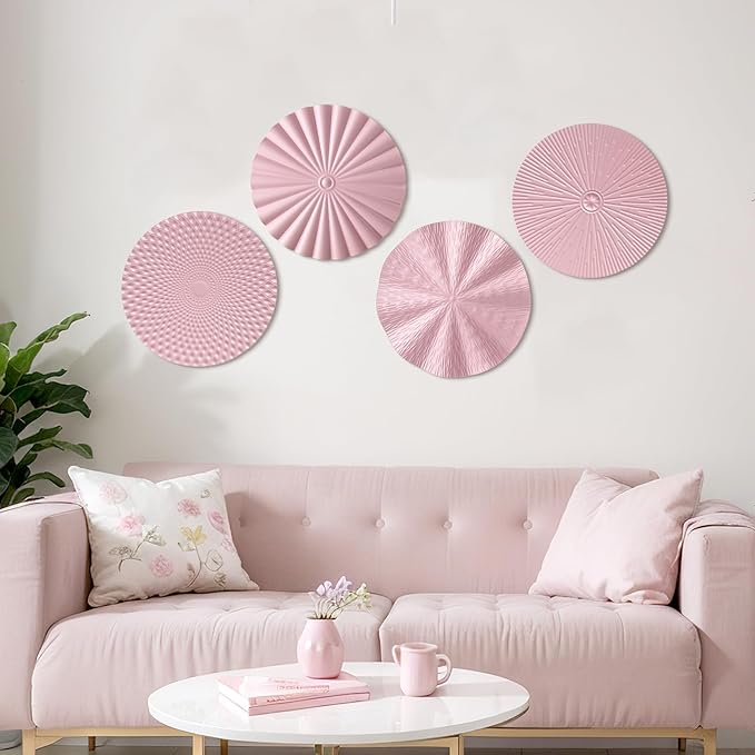 Hicarer 4 Pcs 12 Inch Metal Wall Art Decor Sunburst Hanging Metal Artwork Decor Wall Art Decorations for Home Living Room Office Gift for Christmas (Pink)