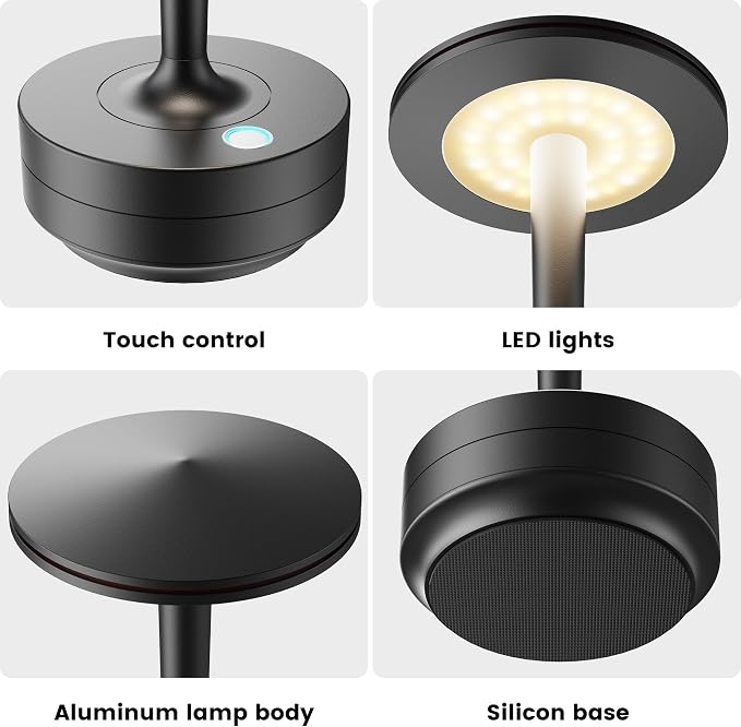 Cordless Table Lamps,6000mAh Rechargeable Battery,Portable LED Lamp with 60H Runtime,3 Color Modes&Stepless Dimming,Waterproof Metal Lamp for Patio,Restaurant Bedroom Dining Black