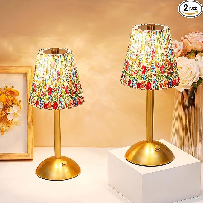 Liliful 2 Pcs Cordless Table Lamp Rechargeable Touch LED Small Gold Portable Battery Operated USB-c Desk Lamp 3 Color Dimmable for Bedroom Living Room Dining (Gold,Floral Style)