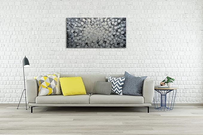 MyArton Textured Abstract Squares Canvas Wall Art Hand Painted Modern Black Silver Oil Painting Picture for Home Decoration Ready to Hang Horizontal or Vertical 40x20inch
