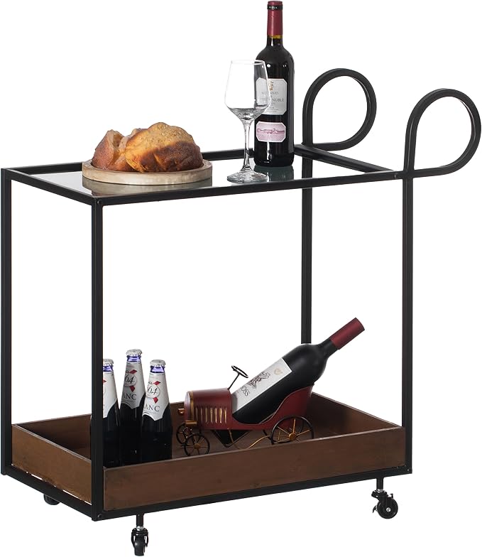 Vintiquewise Metal Bar Cart with Glass Shelves, Rolling Wheels & Handles, Large Modern Brass Mini Bar for Home, Dining, Living Room, Basement, Liquor Table