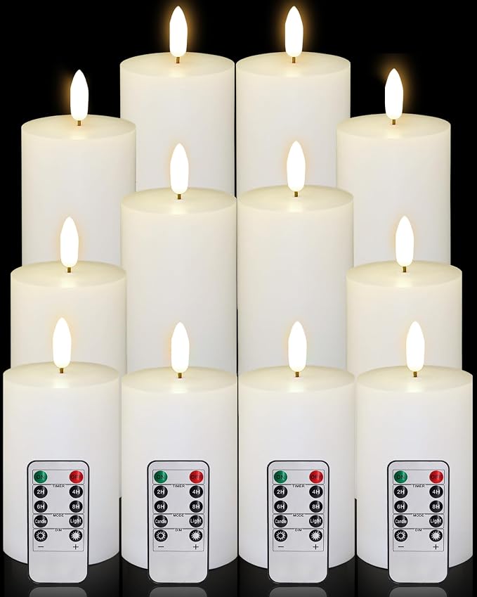 12 Pcs White Flameless Candles Flat Top LED Candles with Remote Timer, Pillar Flameless Candle Bulk Flickering Battery Operated Candle for Wedding Festival Outdoor Home Decor D 3'' H 4'' 5'' 6''