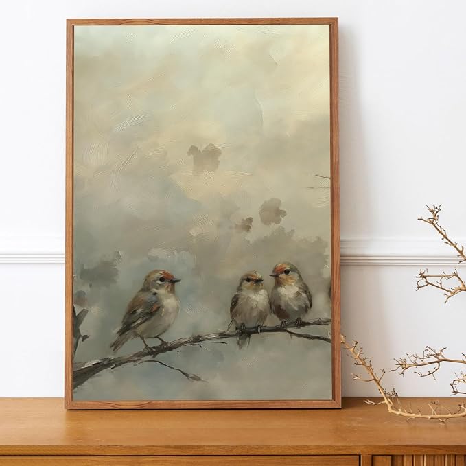 LHIUEM Large Cute Birds Framed Canvas Wall Art,Antique Sparrow Branch Wall Decor,Vintage Farmhouse Painting,Retro Natural Landscape Artwork for Living Room,Bedroom,Dining Room,Office -16"x24"x3