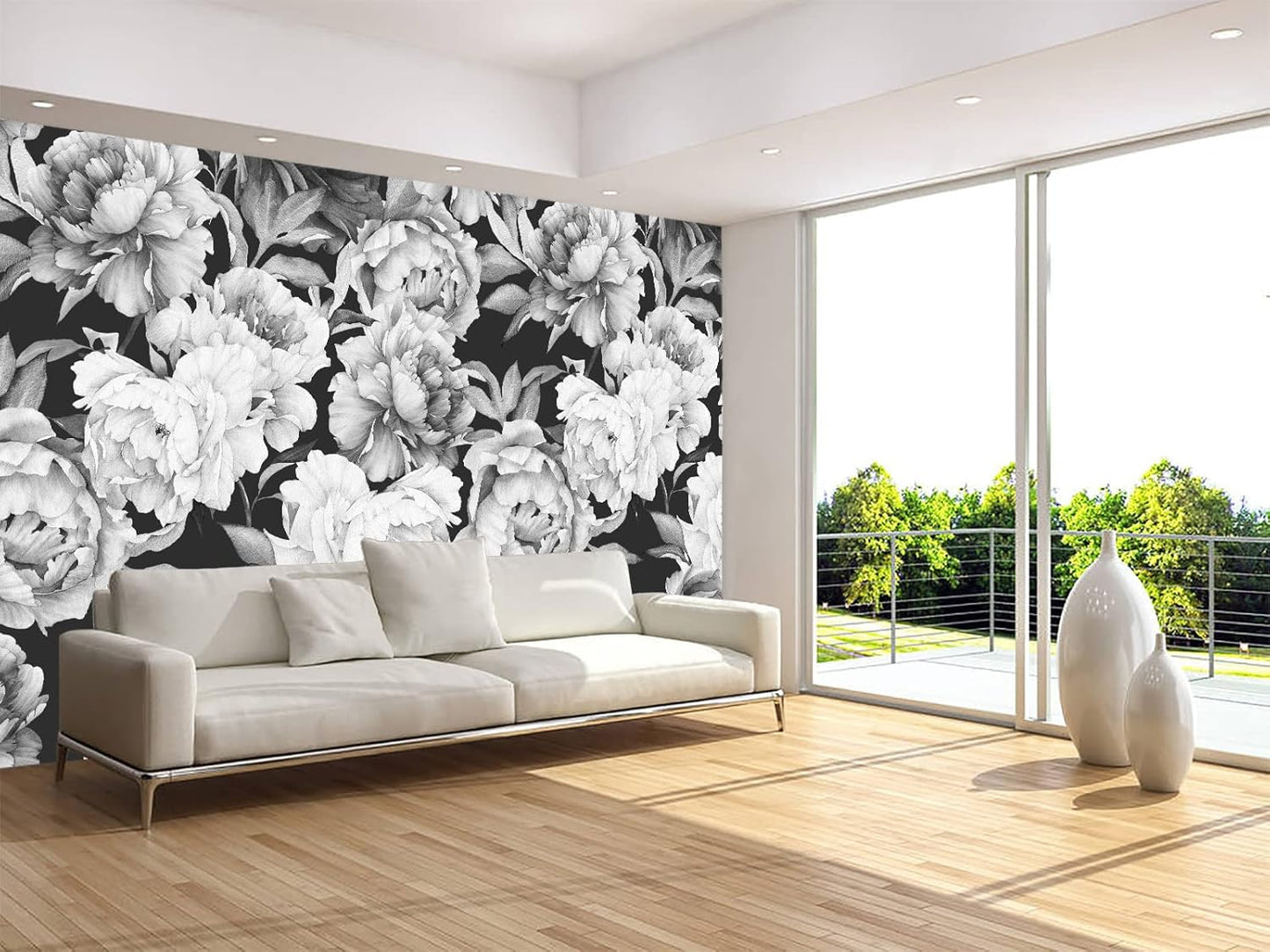 Black and White Peonies Wallpaper Watercolor Floral Mural Wallpaper for Bedroom Living Room (Not Peel n' Stick)